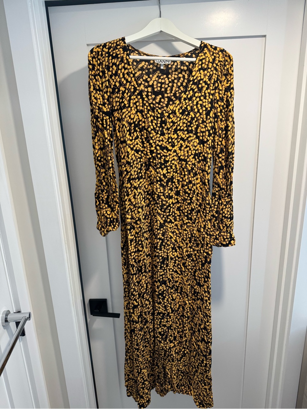 Ganni Black with Yellow Floral Print Long-Sleeve Maxi Dress